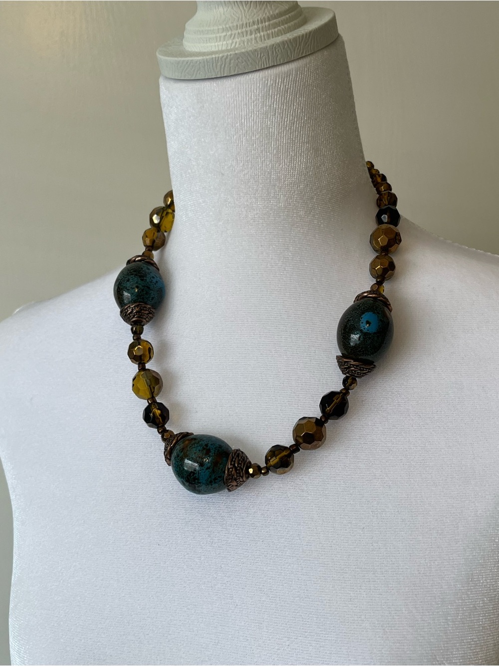 PREMIER DESIGNS Aztec Necklace Beaded Turquoise Copper 18-21 signed